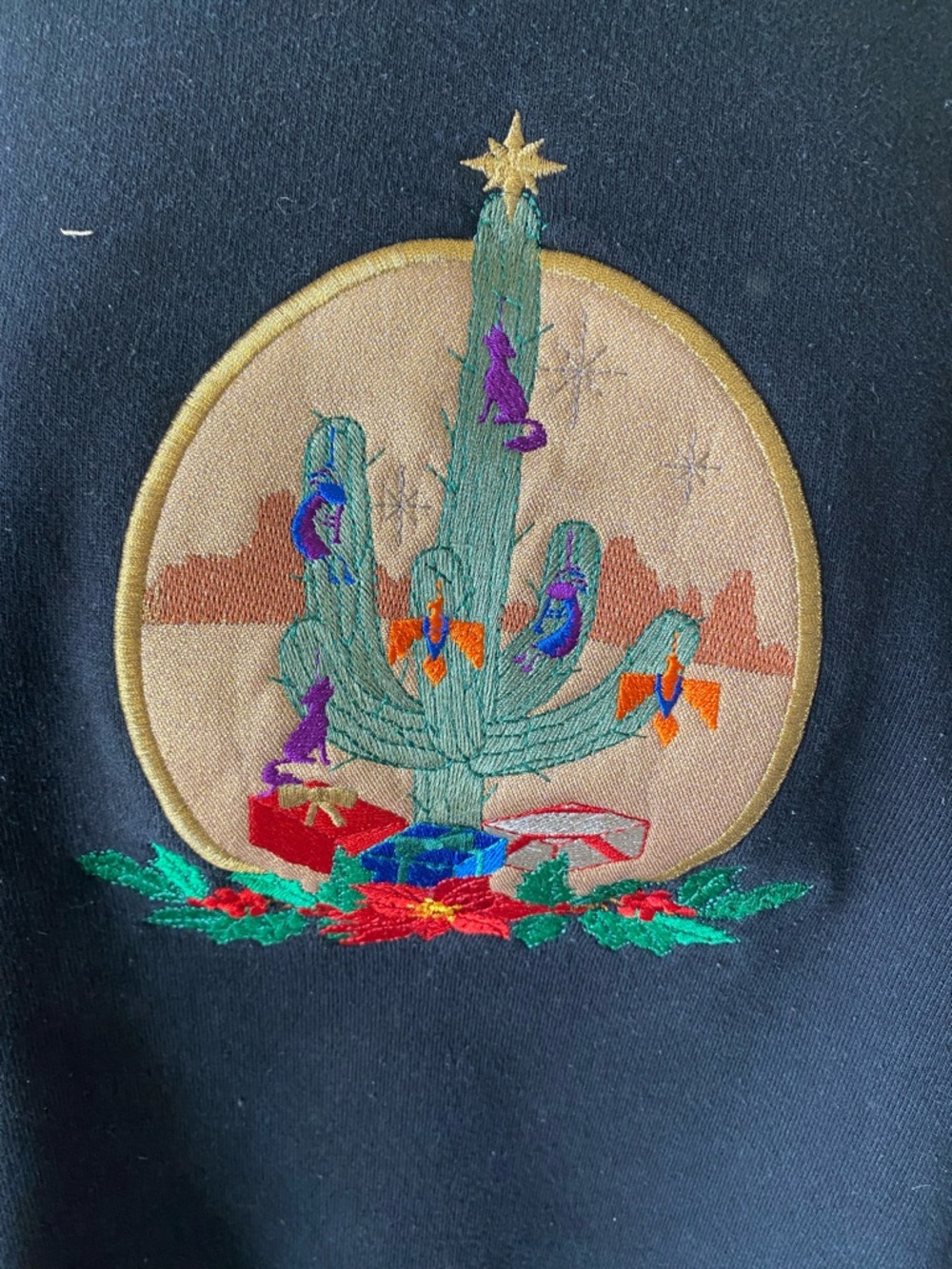 Vintage 90s Black Men’s Embroidered Cactus Christmas Crewneck Sweater - Picture 2 of 5